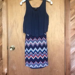 Navy and Patterned Mini Dress with an Open Back